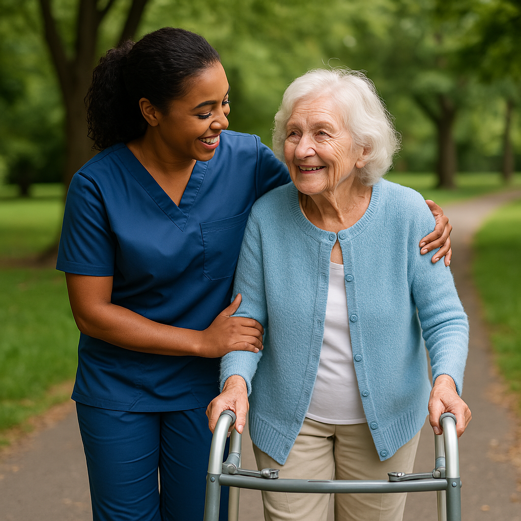 carer assisting an elderly person during a walk in a park