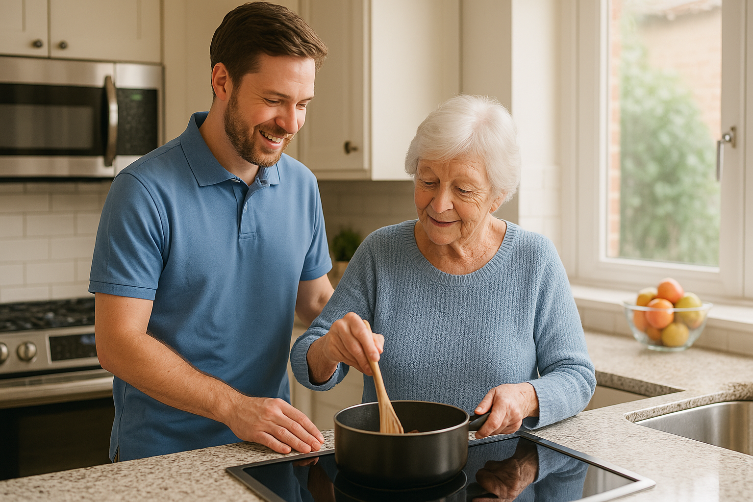 carer assisting an elderly woman in the kitchen