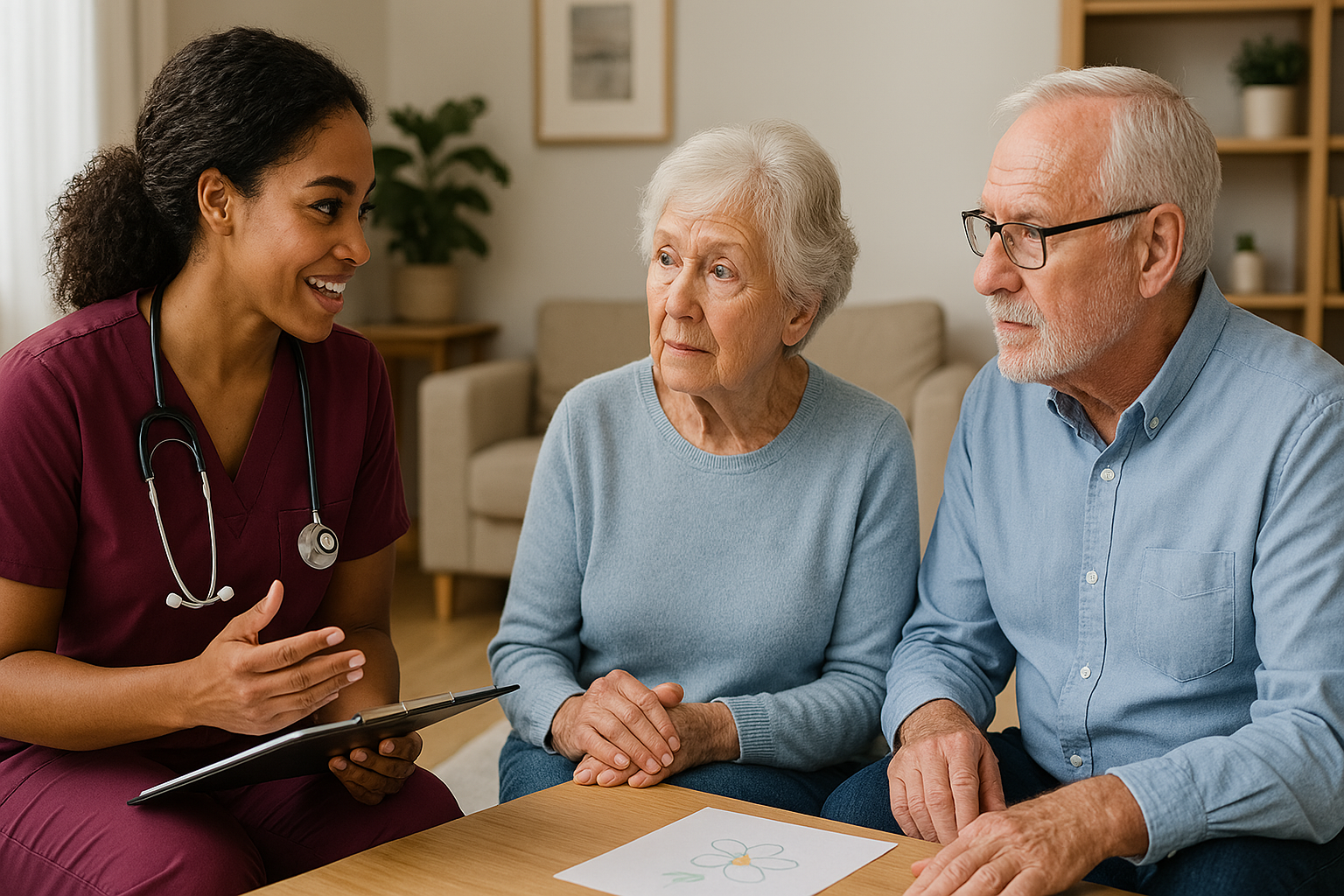 carer discussing personalised careplan with client and her husband