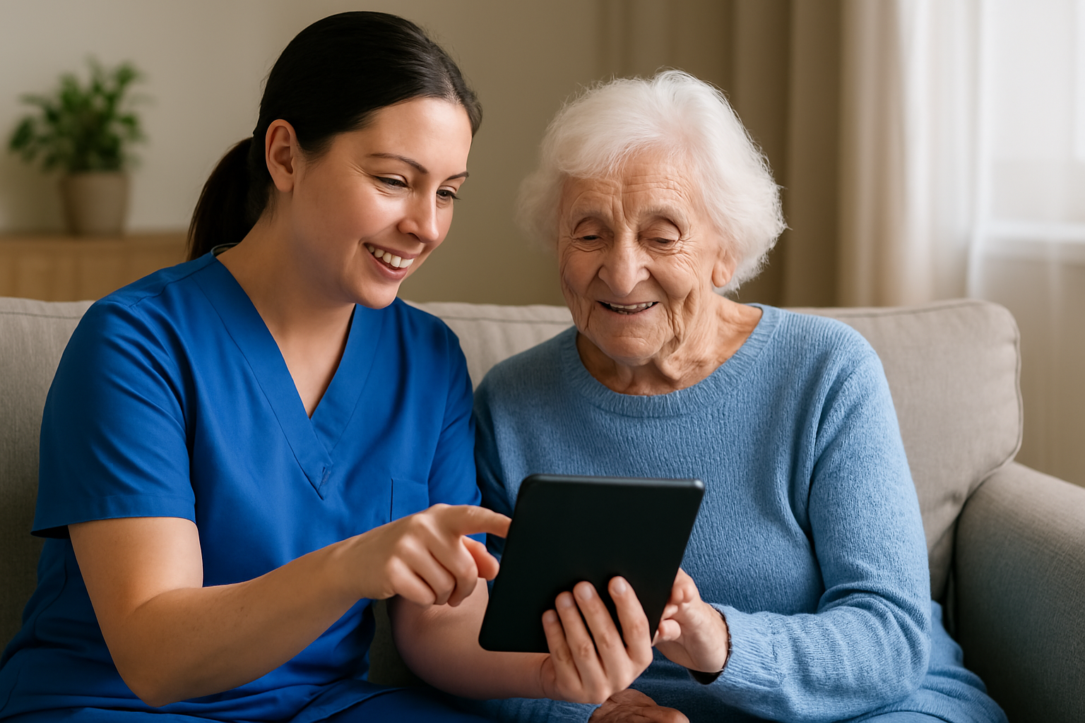 carer teaching an elderly woman how to use a tablet