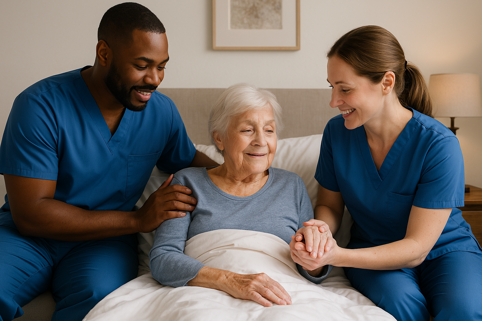 two carers assisting an elderly lady to sit up
